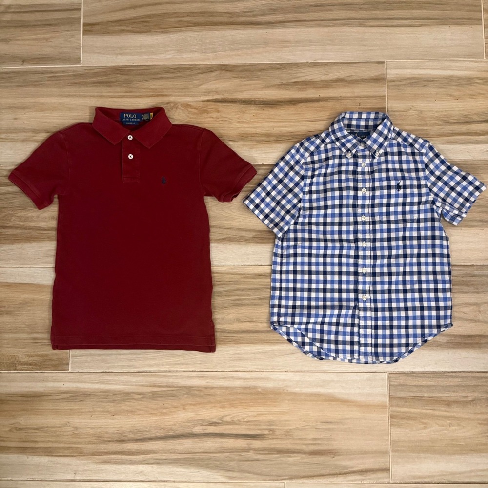 Polo Ralph Lauren Boys Size 8 Bundle Red Polo & Blue Gingham Button Down Shirt